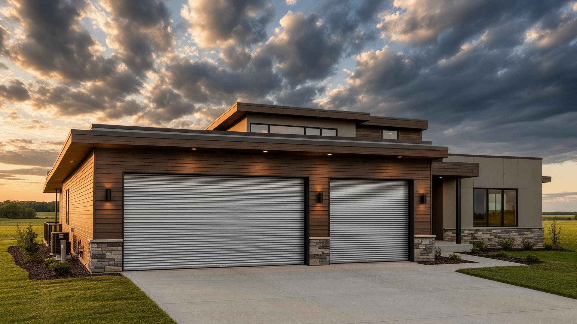 Modern prairie style home with industrial ribbed steel garage doors - Professional garage door installation by Pittsburg Garage Doors
